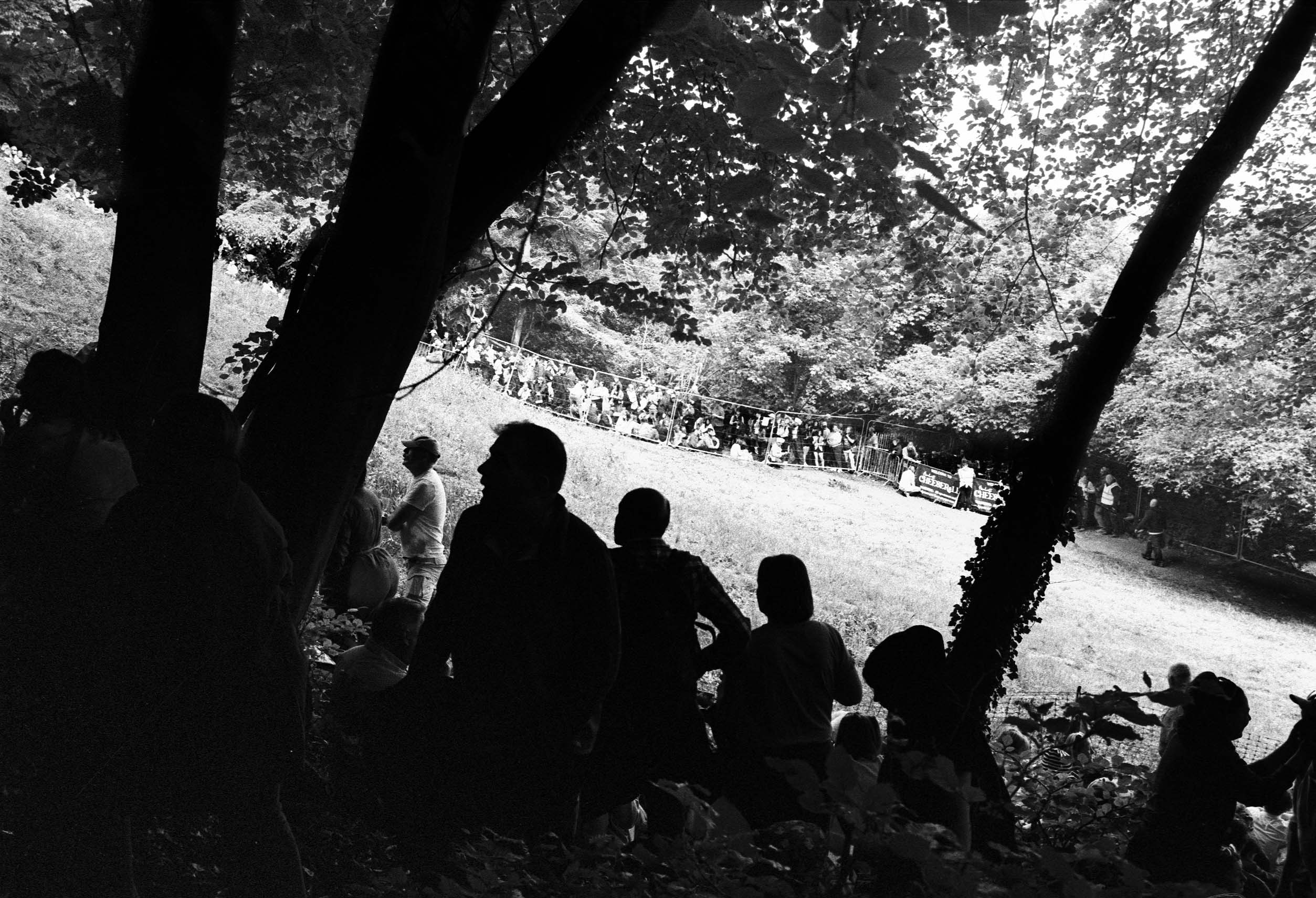 Sillhoutted figures at the Cooper's Hill Cheese rolling.